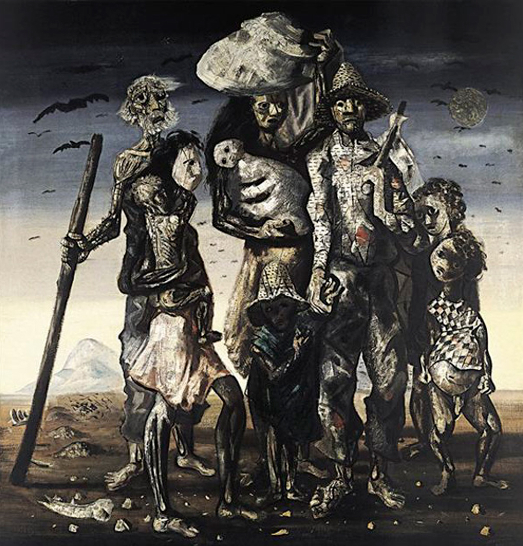 Pintura de uma família de retirantes nordestinos, com figuras esqueléticas e rostos marcados pela fome. Um homem idoso com cajado, uma mulher carregando um bebê, um homem com chapéu de palha e duas crianças, todos em um cenário árido com montanhas ao fundo e pássaros no céu escuro