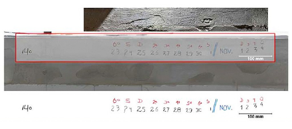 Uma superfície cinza clara com anotações manuscritas em vermelho e preto, incluindo 14o, dias da semana e datas de 23 a 30 de outubro e 1 a 4 de novembro, com uma régua de 100 mm
