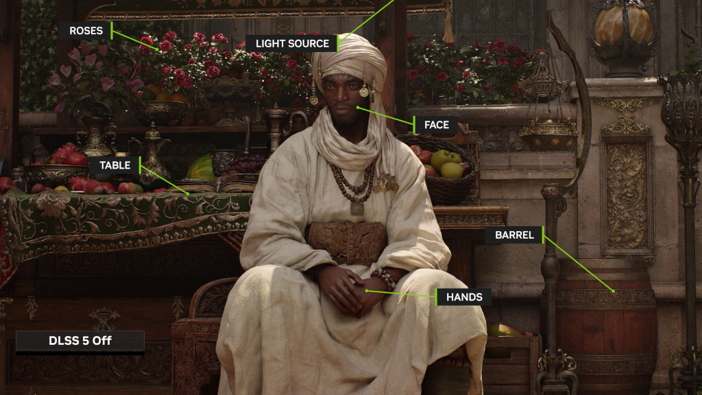 Homem negro com turbante e vestes claras, sentado em ambiente ricamente decorado com rosas vermelhas, frutas e objetos dourados. Ele usa colares e pulseiras, com as mãos repousadas no colo. À direita, um barril de madeira.