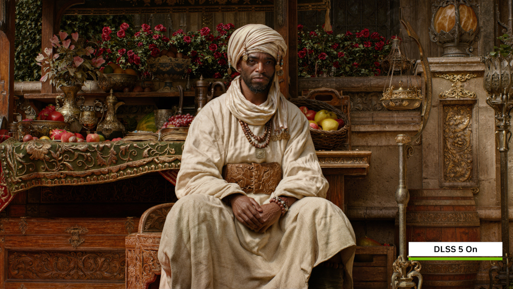 Homem de pele escura, barba, turbante e túnica bege, sentado em um cenário opulento com frutas, vasos dourados e flores vermelhas. No canto inferior direito, uma caixa branca com DLSS 5 On e uma barra verde abaixo