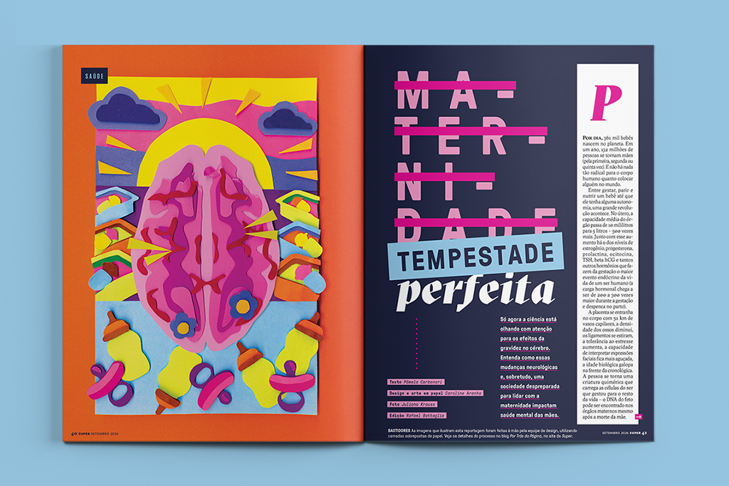 Página de revista com ilustração colorida de um cérebro rosa, nuvens e sol em papel recortado, e mamadeiras e chupetas na parte inferior. À direita, texto sobre Maternidade: Tempestade Perfeita