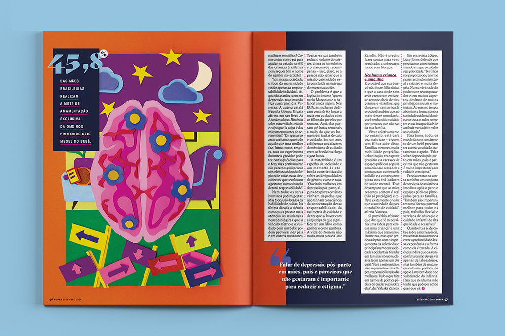 Página de revista com colagem sobre saúde mental materna. Um cérebro rosa com flores azuis e amarelas, sobre um fundo roxo com nuvens, estrelas e lua. Abaixo, setas coloridas apontam para direções diversas. À esquerda, um box azul escuro com o texto 45,8% das mães brasileiras realizam a meta de amamentação exclusiva da OMS nos primeiros seis meses do bebê. À direita, texto sobre depressão pós-parto
