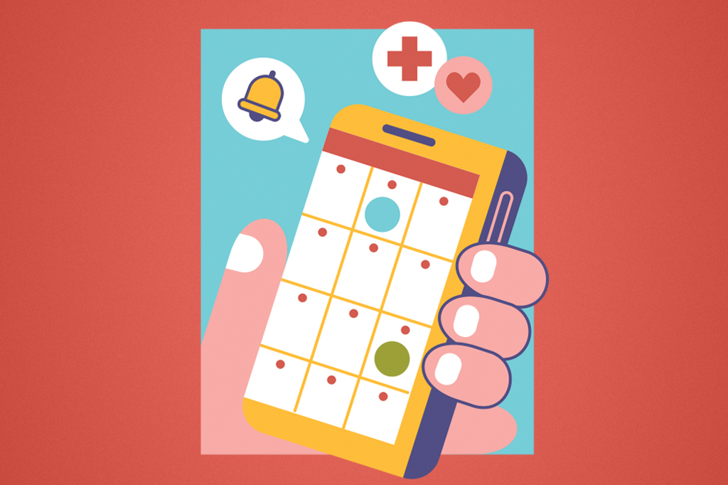 Mão segurando um smartphone com um calendário na tela, mostrando datas marcadas com pontos vermelhos, um círculo azul e um verde. Acima, ícones de sino, cruz e coração, em fundo azul e vermelho
