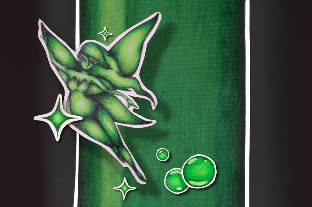 Desenho de uma fada verde com asas, cabelos longos e corpo curvilíneo, flutuando sobre um fundo verde escuro texturizado. Três estrelas verdes e três círculos verdes, com contornos brancos, complementam a cena. A fada tem expressão serena e braços estendidos, transmitindo leveza e magia.