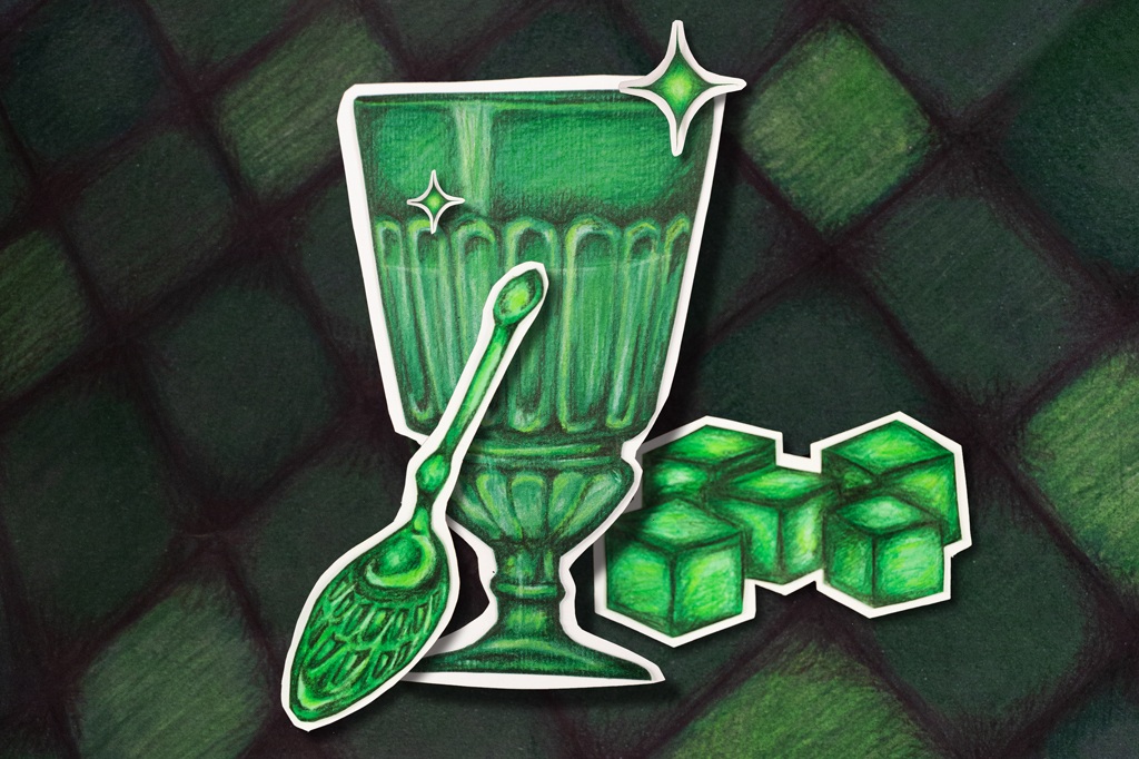 Ilustração de um cálice verde com uma colher e cubos de açúcar verdes, com brilhos brancos, sobre um fundo quadriculado em tons de verde escuro.