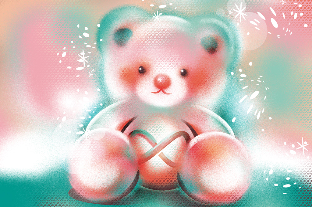 Urso de pelúcia rosa e azul-claro, com bochechas avermelhadas e um laço no peito, sentado em um fundo vibrante com pontos e estrelas brancas.