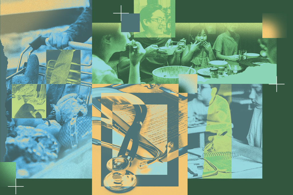 Colagem de imagens em tons de verde, azul e amarelo, mostrando uma mão empurrando um carrinho de supermercado com pães, uma família comendo à mesa, um estetoscópio sobre documentos médicos e uma pessoa escrevendo em um caderno.