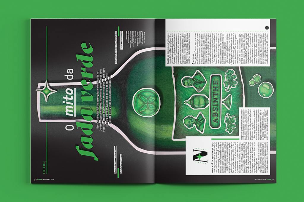 Página de revista sobre absinto, com título O mito da fada verde em destaque. Ilustrações de uma garrafa verde, figuras históricas, plantas e a palavra ABSINTHE em verde, sobre fundo escuro com texto em português