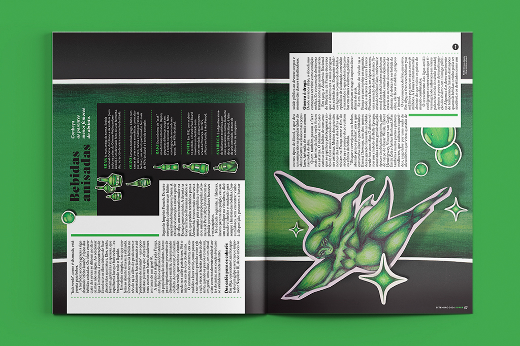 Página de revista aberta com fundo verde. À esquerda, o título Bebidas anisadas e ilustrações de garrafas verdes. À direita, um desenho de uma criatura verde alada com estrelas e bolhas, e textos sobre absinto e bebidas similares