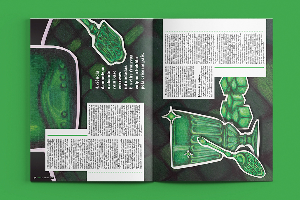 Duas páginas de revista abertas com ilustrações de absinto em tons de verde, incluindo uma garrafa, um copo com uma colher e cubos de açúcar, sobre um fundo verde escuro com padrões geométricos. Textos sobre a história e a demonização da bebida preenchem as páginas
