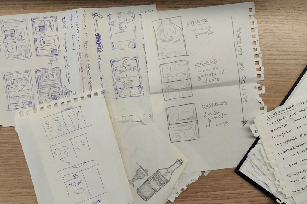 Rascunhos de design em papel, com layouts de páginas, ilustrações de garrafas e taças, e anotações sobre o sentido de leitura e conteúdo, espalhados sobre uma mesa de madeira clara