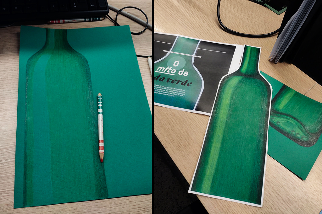 Duas imagens lado a lado mostram o processo de pintura de uma garrafa de vidro. À esquerda, uma folha verde com o contorno de uma garrafa e um lápis de cor. À direita, uma impressão com o título O mito da garrafa verde e uma garrafa verde recortada, sobre uma mesa de madeira