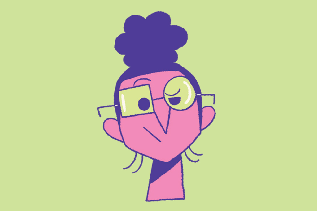 Ilustração de um rosto com pele rosa, cabelo roxo preso em coque, óculos de lentes retangular e circular, e nariz pontudo, sorrindo