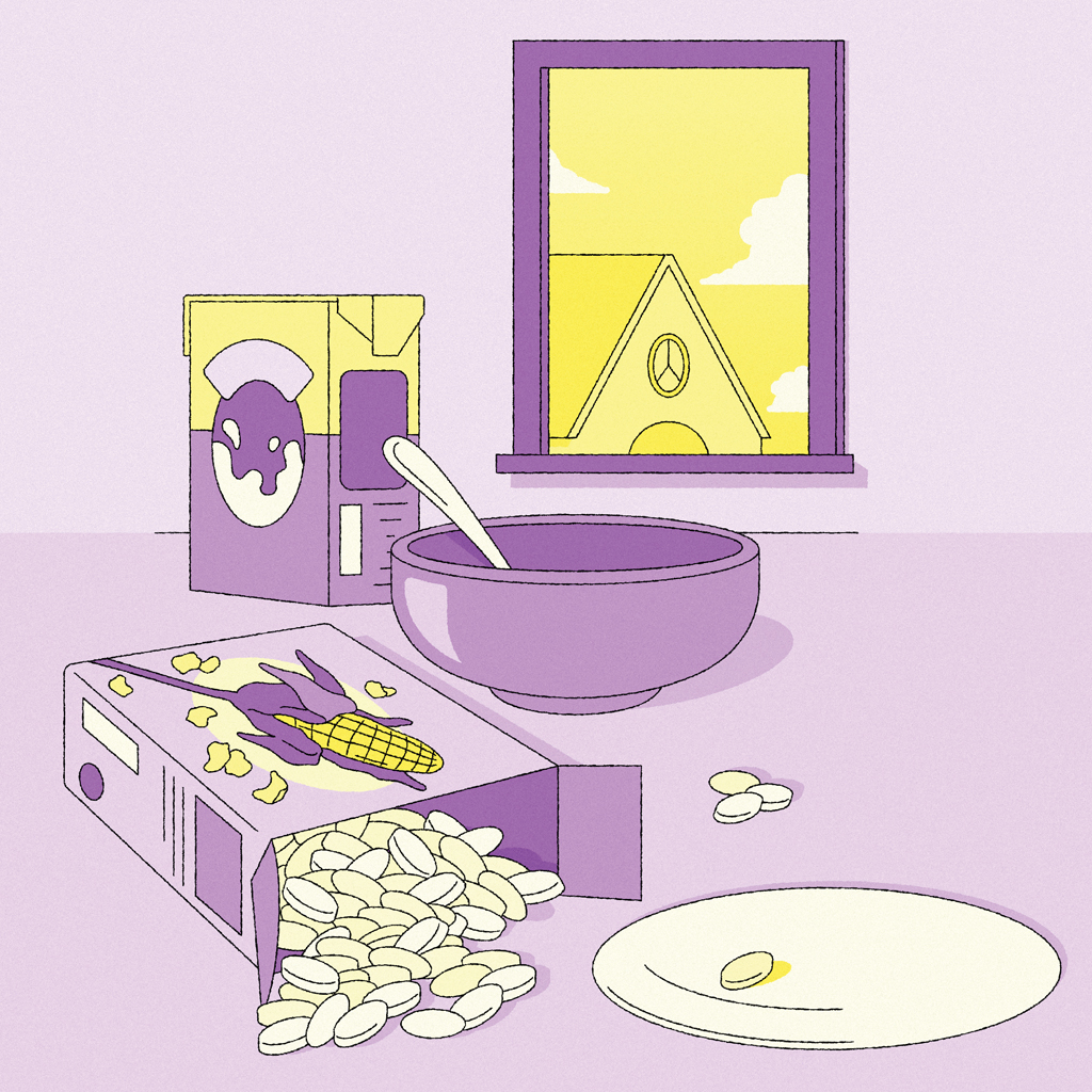 Ilustração de café da manhã com caixa de cereal derramada, tigela roxa com colher, prato com um cereal e uma janela mostrando o telhado de uma casa e céu amarelo com nuvens