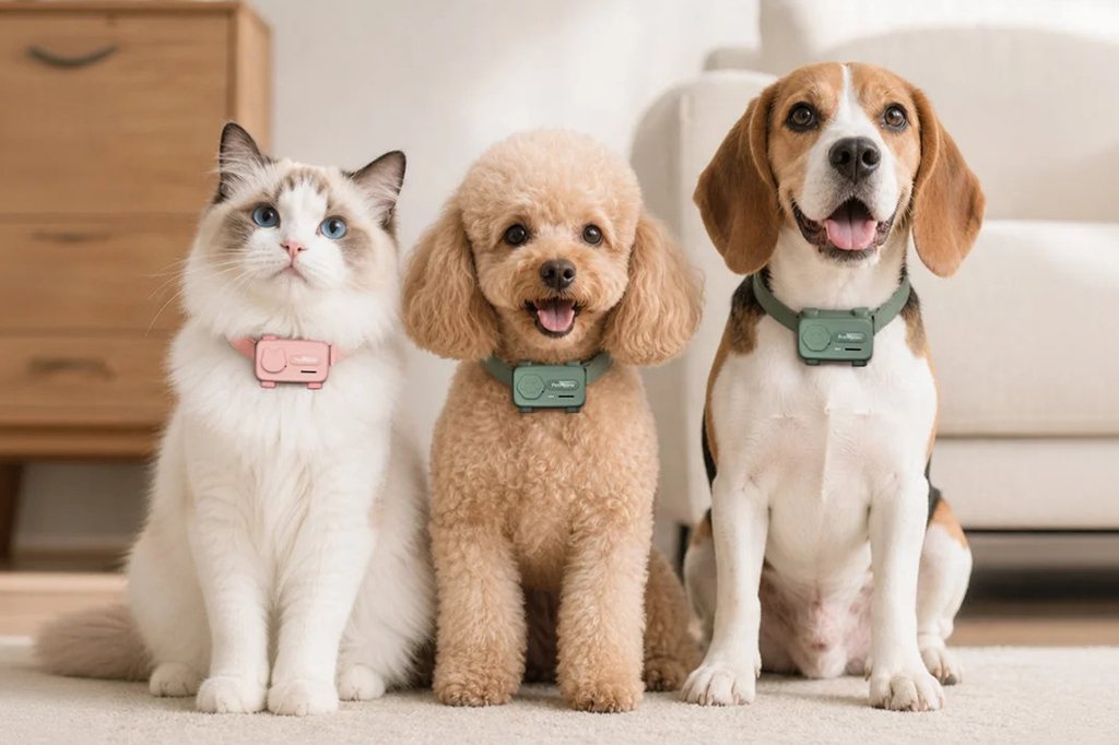 Um gato Ragdoll branco e dois cachorros, um poodle marrom e um beagle tricolor, sentados lado a lado, usando coleiras com dispositivos de rastreamento. O gato usa uma coleira rosa, o poodle e o beagle usam coleiras verdes. Todos os animais olham para frente com expressões felizes, em um ambiente doméstico claro.